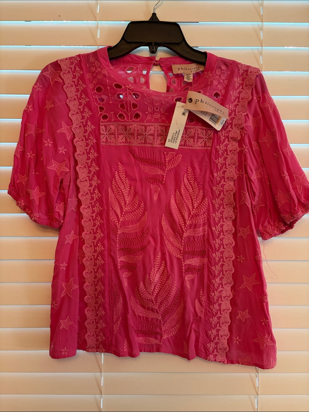 Philosophy Hot Pink Embroidered Lace Trim Blouse